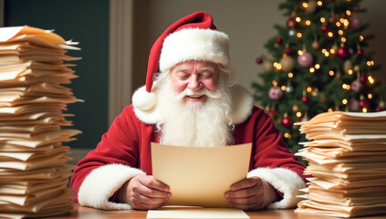 Happy Santa Claus read letters s children's at the table