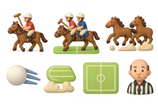 Cartoon polo match scene with horses, riders, and umpire in 3d style