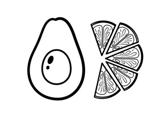 Black and white outline drawing of a halved avocado and several citrus slices