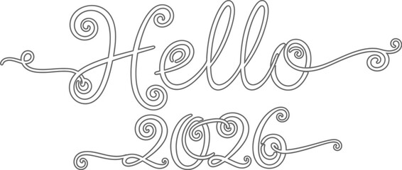 Elegant hello 2026 typography design with swirls for new year celebrations card