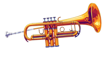 Illustration of a golden trumpet with silver mouthpiece, isolated on a white background, showcasing its valves, tubing, and bell.