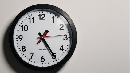 Classic school wall clock in a clean isolated studio with balanced overhead lighting