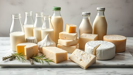 yogurt. Artistic display of dairy products on marble, highlighting freshness and natural textures. menu design, packaging mockups, designed for culinary blogs and recipe cards for restaurants.