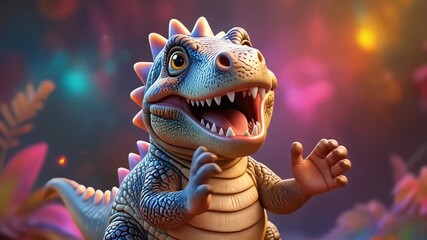 Friendly 3D animated baby dinosaur character roaring and waving its hands in an enchanted, vibrant environment, ideal for children's learning apps and playful commercials. - Powered by Adobe
