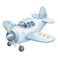 Vintage watercolor airplane illustration with soft blue shading and charming retro propeller design