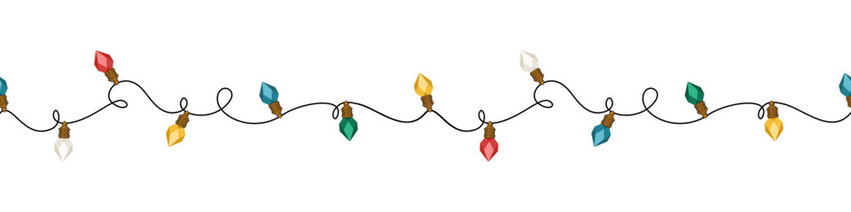 Obraz premium Świąteczna girlanda z kolorowymi lampkami na białym tle. Dekoracja bożonarodzeniowa. Bezszwowy wektorowy pasek z światełkami choinkowymi.