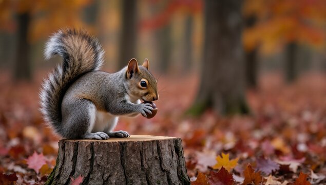 Autumnal scene of a grey squirrel eating an acorn on tree stump