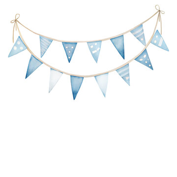 Watercolor blue party bunting garland with festive hanging flags decoration