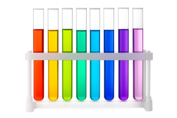 A colorful array of test tubes filled with vibrant liquids isolated on transparent background, showcasing scientific experimentation