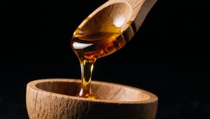 Honey dripping from a wooden dipper on a dark background