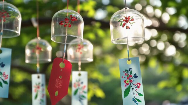 Japanese glass furin wind chimes with floral designs gently swaying in sunlight dappled garden bokeh background serene summer atmosphere
