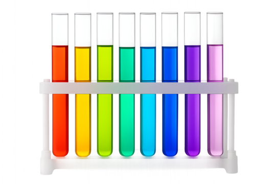 A colorful array of test tubes filled with vibrant liquids isolated on transparent background, showcasing scientific experimentation