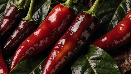 A close-up image of wet red chili peppers on glistening leaves