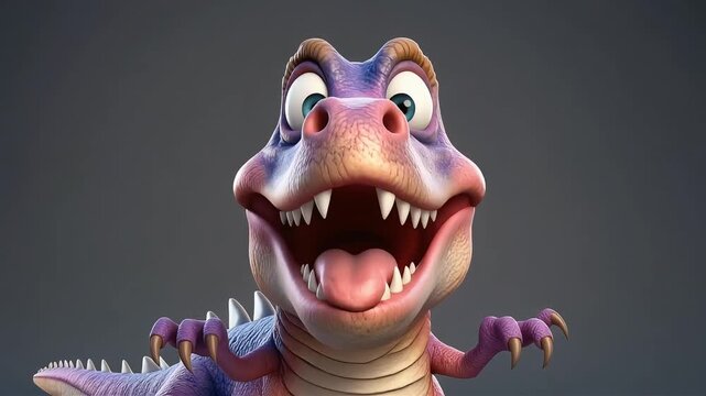 Friendly 3D animated purple dinosaur character mascot smiling widely with teeth exposed on a dark studio background, perfect for kids' entertainment and educational content.