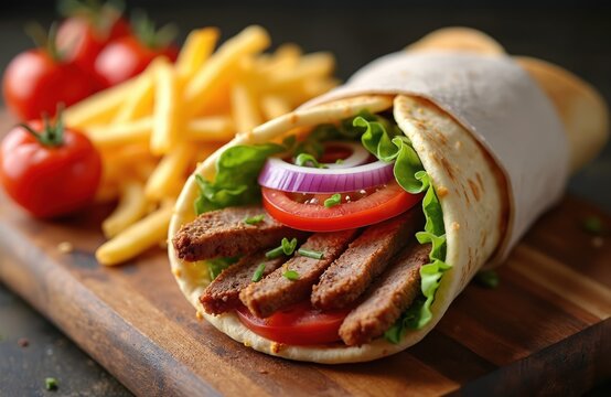 Close up photo of a delicious Greek gyro with french fries and tomatoes. Fresh ingredients are wrapped in pita bread. It is a tasty meal for lunch or dinner.