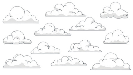 Diverse collection of stylized cartoon clouds, perfect for imaginative sky scenes and weather graphics, isolated on white background