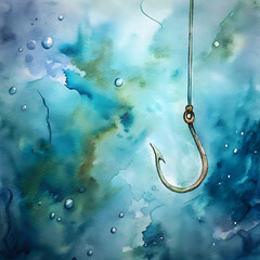 fishing-hook-underwater- ,watercolor background