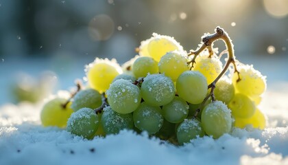 Fototapeta premium Frozen green grapes lie in snow. Bunch of grapes covered with frost. Green grapes in winter landscape. Snowy scene with frozen fruit. Grapes in ice on snowy ground.