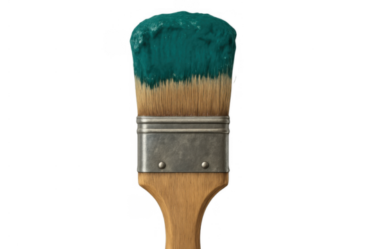 Paintbrush with teal paint on bristles, ready for renovation, art, or diy projects, cut out on a transparent background