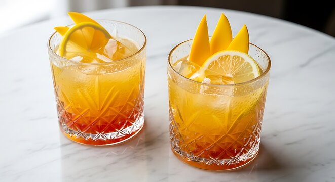Two refreshing tropical cocktails garnished with citrus slices and fruit on a marble table.