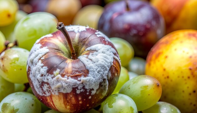 A documentary-style macro close-up of a rotten apple covered in white mold, surrounded by other decaying fruits like grapes and plums