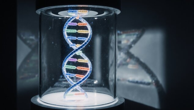 DNA strand in a glass container showcasing genetics science