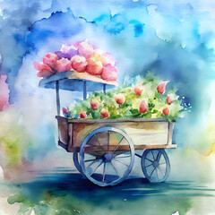 flower-cart ,watercolor background