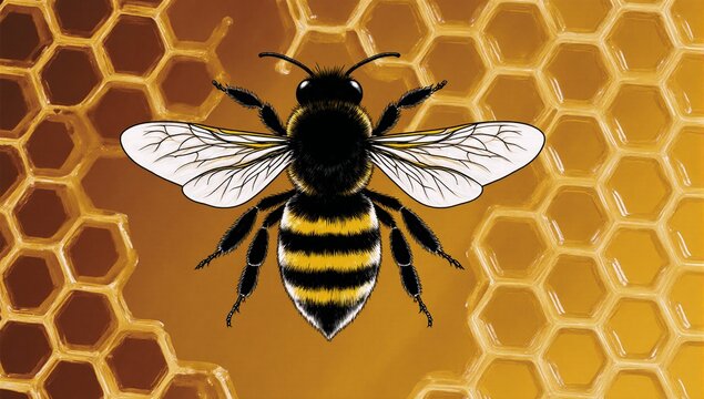 A honey bee illustration with a bumblebee pictogram focusing on the symbol of a honeycomb hive and the iconic insect sign
