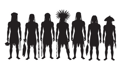  Group of diverse ancient tribal people standing together in a line silhouette