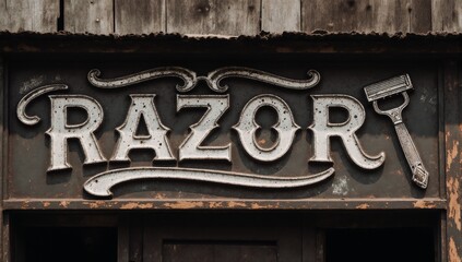 Obraz premium Vintage barber shop sign featuring a razor and barber pole design