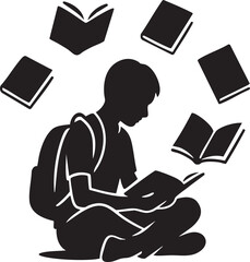Student surrounded by floating books silhouette vector