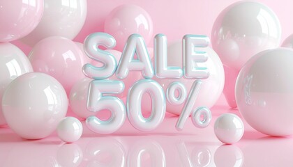 Creative fifty percent discount concept with iridescent 3D bubble font and pastel pink spheres on a reflective surface