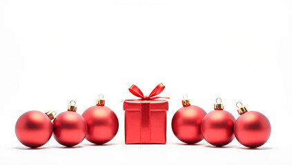 red Christmas balloons on a snowfall on a white background