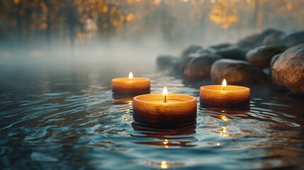 Three glowing candles afloat on tranquil waters, serene scene with fog, rocks, and soft lighting for relaxation and calmness. The warm light casts a gentle glow.