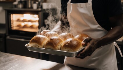 Digital illustration depicting a black male baker holding a tray of fresh bread buns