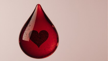 Crimson heart-shaped blood droplet symbolizing medical donation on neutral background