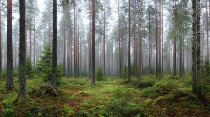 Fototapeta premium A forest landscape with tall, straight trees and a dense, green undergrowth. A misty atmosphere gives the scene a mystical feel. Ideal for nature and serene backgrounds.