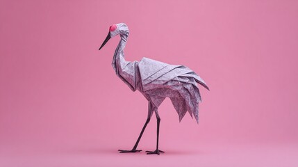 Naklejka premium Elegant origami crane stands on slender legs against a pink backdrop. The crane's folded paper structure, with its angular lines, adds a touch of modern art.