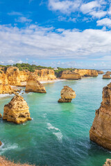 View of Praja da Marinha, Portugal with its characteristic rock formations