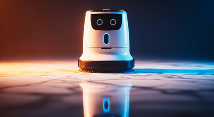 A modern autonomous service robot stands confidently on a reflective surface, embodying the future of technology and home automation.