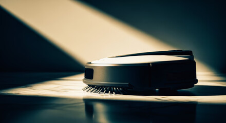 A sleek, modern robotic vacuum cleaner sits illuminated by a ray of sunlight, representing the future of home automation.
