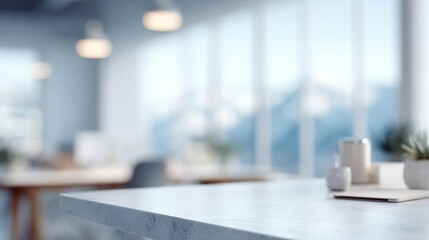 Modern office space with a large window that offers a beautiful view of the mountains outside. the window is covered with white curtains and has a panoramic view of a mountain range.