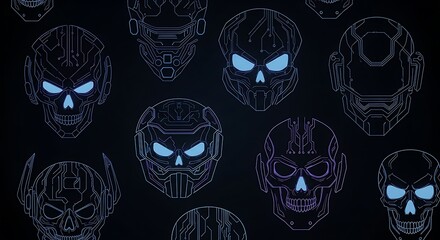 Dark futuristic pattern with glowing neon cyborg skulls.