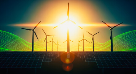 A visual representation of the future of sustainable energy with solar panels and wind turbines silhouetted against a radiant sun.