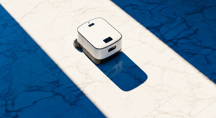 A close-up view of a robotic vacuum cleaner on a vibrant blue and white surface, its sleek design highlighted by the play of light and shadow, representing modern convenience.