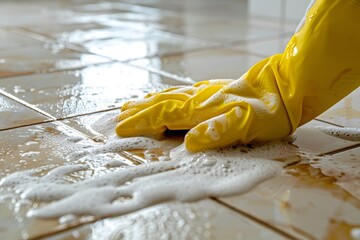 A person wearing yellow rubber gloves is scrubbing a tiled floor covered in soap suds. Sunlight brightens the clean kitchen, showing care in maintaining a tidy home