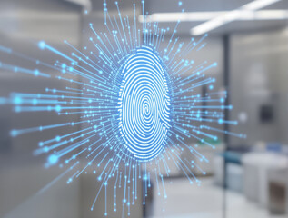 Abstract biometric fingerprint scan on futuristic glass interface representing cyber security and data protection, white clean