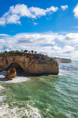 View of Praja da Marinha, Portugal with its characteristic rock formations