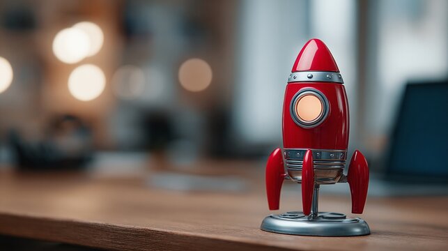 A bright red and silver retro rocket on a wooden desk evokes a sense of nostalgia, imagination, and potential. It stands as a symbol of innovation, progress, and exploration.