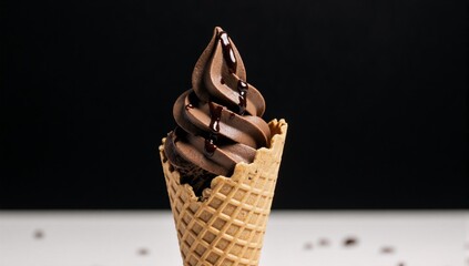 Close-up of a single smooth swirl of rich chocolate soft serve in a classic waffle cone against a white background